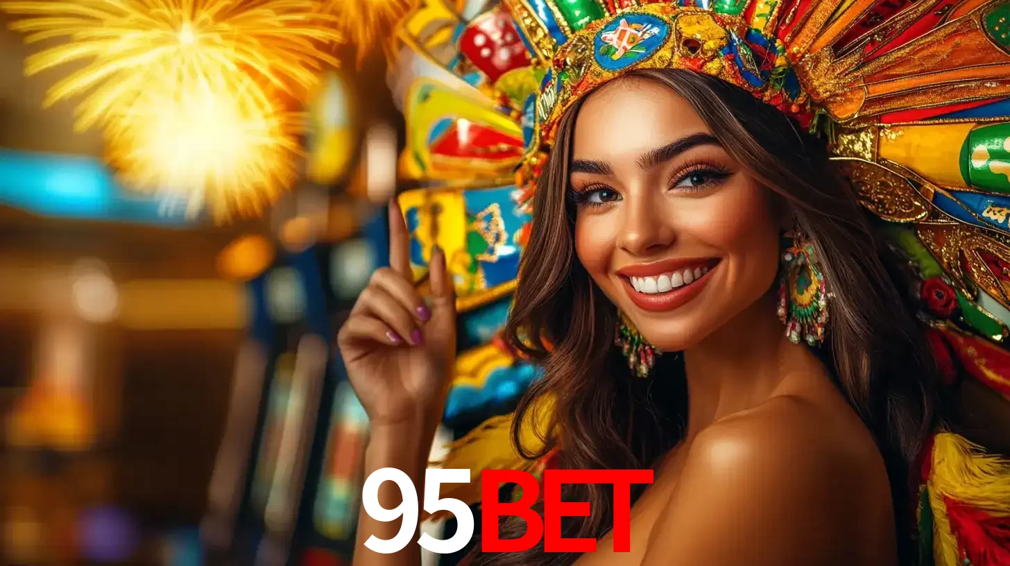 Mulher sorridente com um cocar de carnaval vibrante e colorido, celebrando uma grande vitória nos jogos do cassino 95BET com fogos de artifício ao fundo.