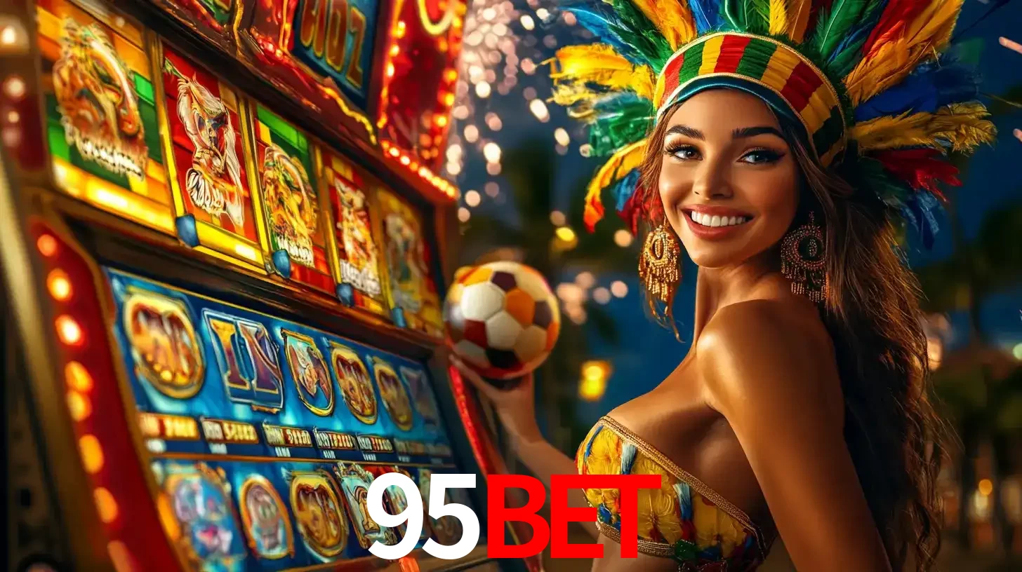 Mulher com um cocar de carnaval ao lado de uma máquina de caça-níqueis enquanto segura uma bola de futebol, mostrando a união da diversão de cassino e esportes no 95BET.