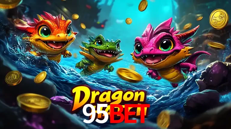 Arte promocional do jogo Dragon Hatch com três adoráveis dragões bebês nadando entre moedas de ouro, um dos slots mais divertidos para jogar no cassino 95BET.