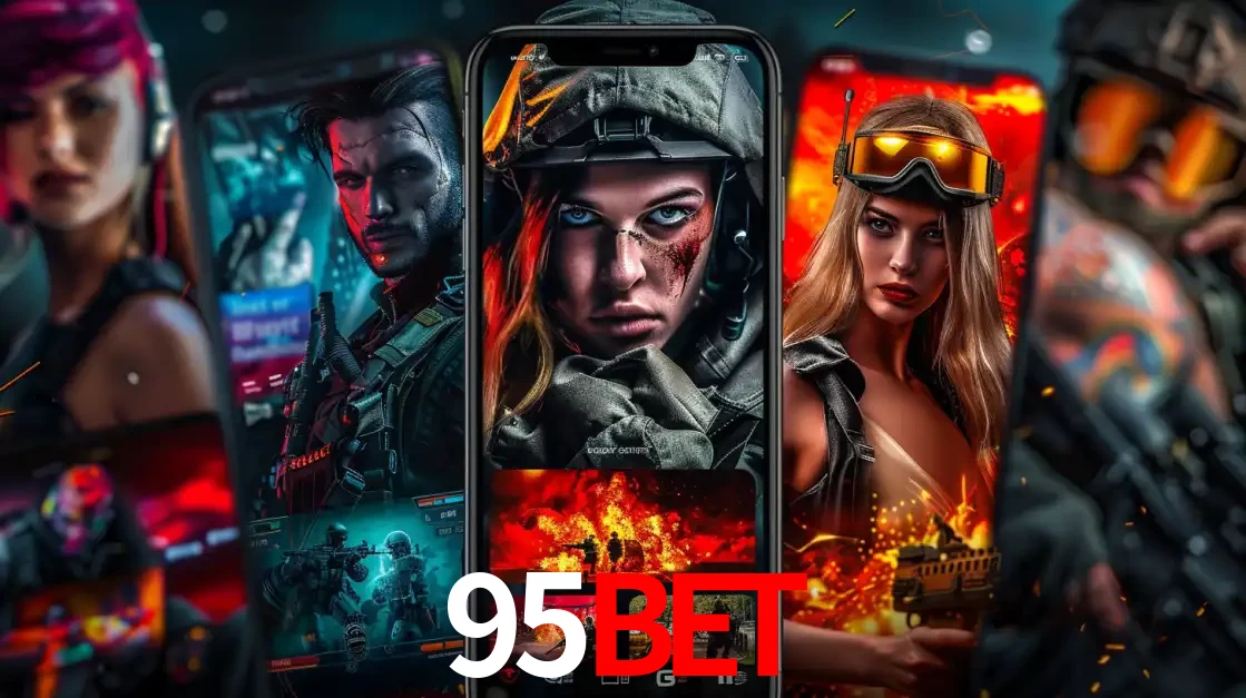 Montagem de telas de celular mostrando diversos personagens, masculinos e femininos, de um jogo de tiro, ilustrando a diversidade de equipes de e-sports para apostar no 95BET.