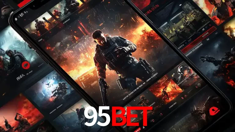 Tela de um celular exibindo uma galeria de jogos de tiro com temática militar, mostrando a variedade de e-sports disponíveis para apostas na plataforma de entretenimento 95BET.