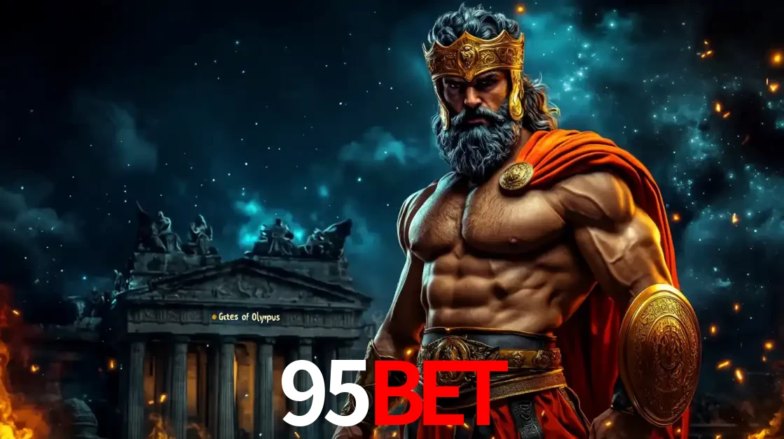 O poderoso Zeus do jogo de slot Gates of Olympus em frente ao seu templo, pronto para lançar multiplicadores divinos e prêmios épicos no cassino online 95BET.