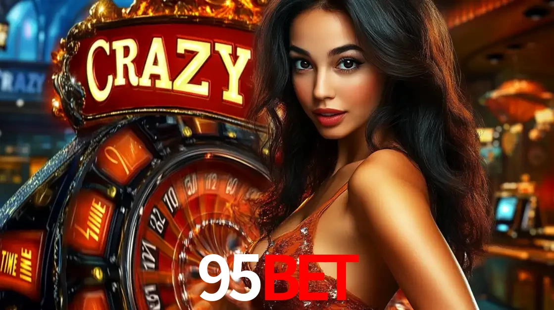 Mulher glamourosa olhando para a câmera com a roda vermelha do Crazy Time ao fundo em um ambiente de cassino, destacando a emoção dos jogos ao vivo no 95BET.