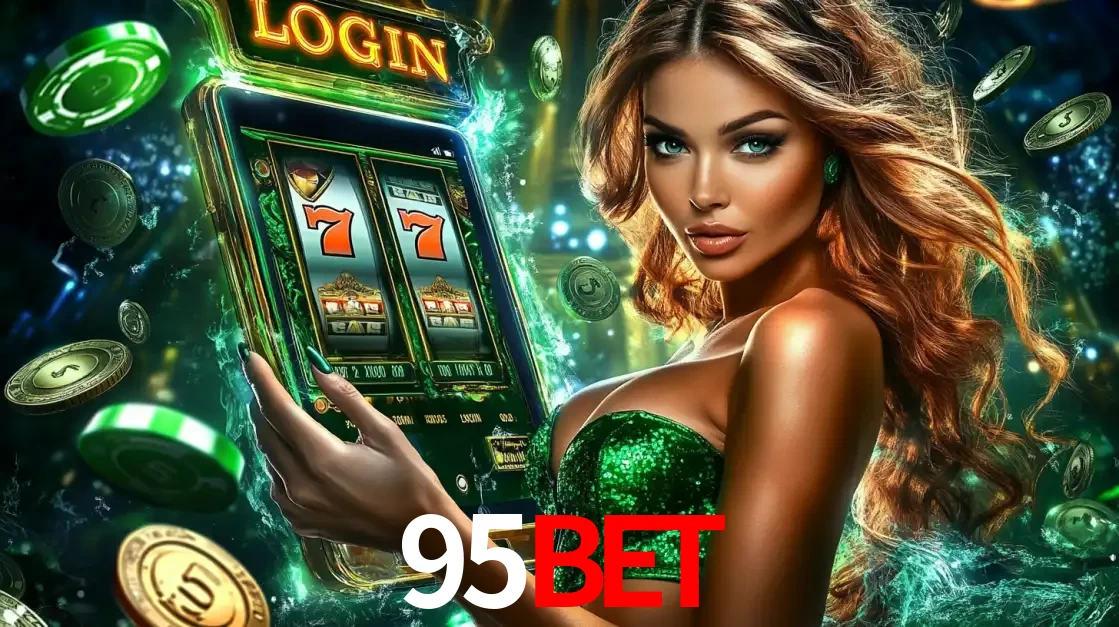 Mulher com tema verde apresentando o aplicativo do cassino 95BET com um jogo de slot de 777, cercada por fichas de cassino e uma aura de sorte.