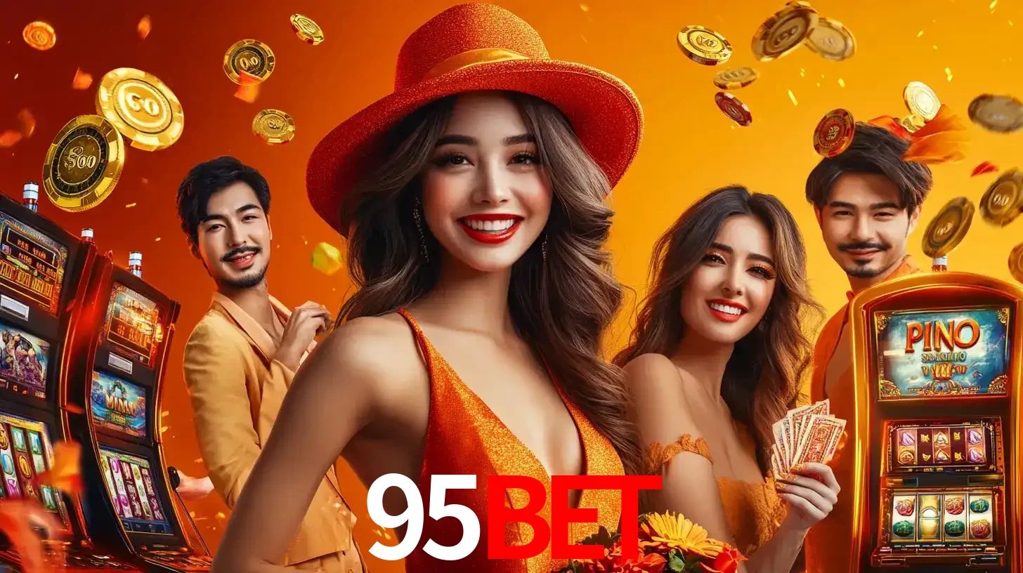 Grupo de amigos asiáticos sorrindo e se divertindo com máquinas de caça-níqueis em um ambiente festivo, celebrando suas vitórias nos jogos de cassino do 95BET.