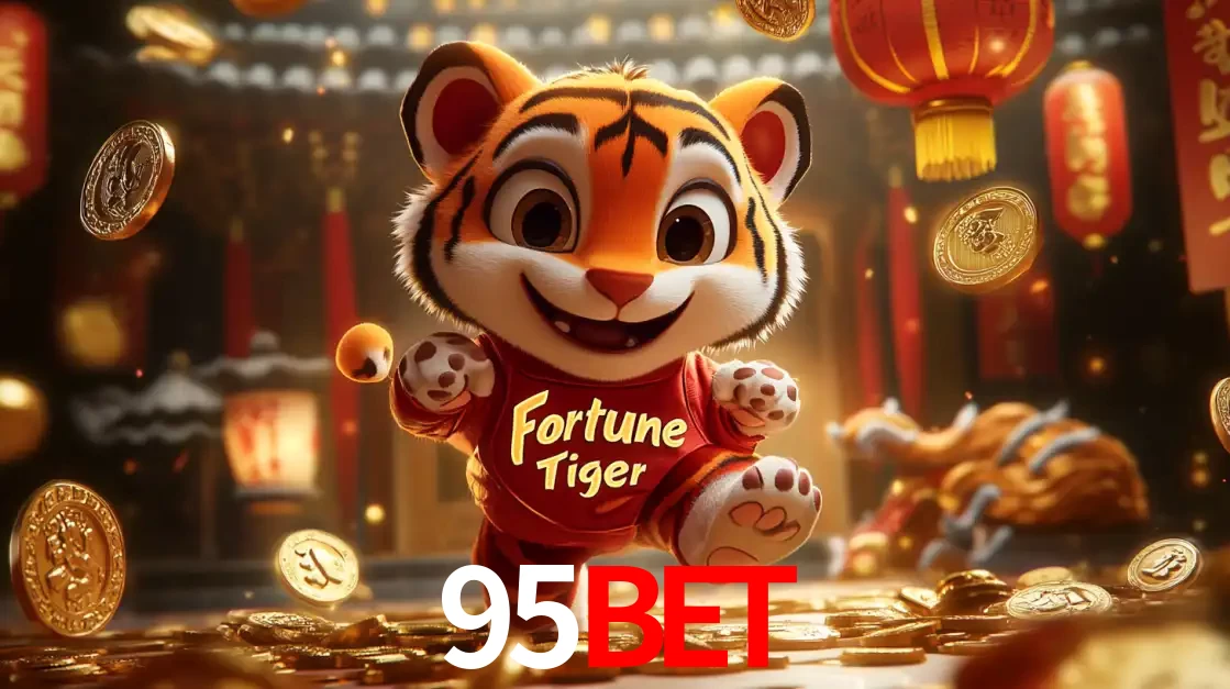 O alegre personagem do Fortune Tiger correndo sobre um caminho de moedas de ouro, simbolizando os grandes prêmios e a diversão do popular jogo de slot do 95BET.