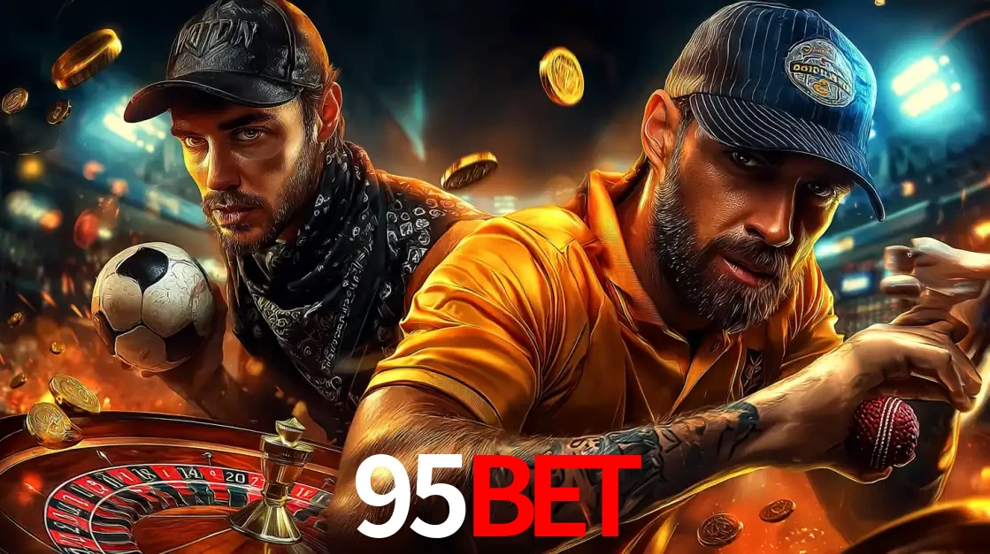 Montagem de apostas esportivas e cassino no 95BET, com um homem segurando uma bola de futebol e outro uma de beisebol sobre uma roleta e moedas voadoras.