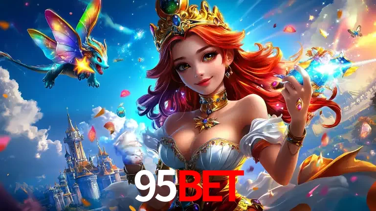 A princesa de um reino de fantasia mágico, com seu pequeno dragão, apresentando um mundo de prêmios encantados nos jogos de caça-níqueis do cassino 95BET.