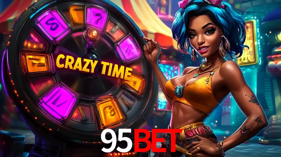 Mulher estilizada com cabelo azul e visual vibrante posando ao lado da roda de prêmios do game show Crazy Time, convidando para a diversão e os bônus do cassino 95BET.