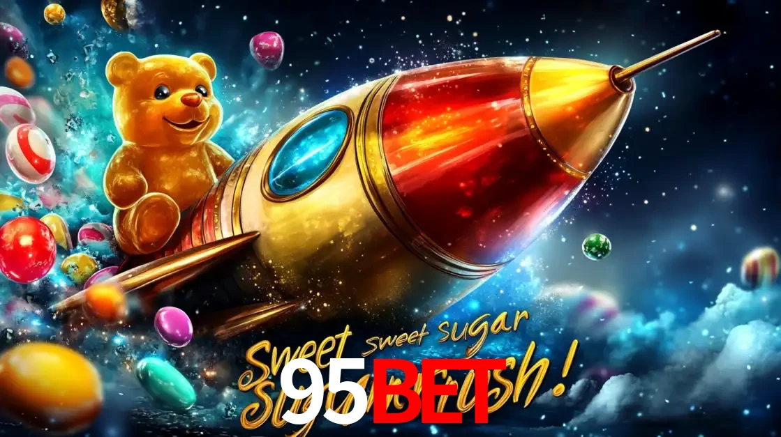 Arte promocional do jogo de slot Sugar Rush, com um urso de pelúcia em um foguete viajando pelo espaço de doces, um dos jogos divertidos disponíveis no cassino 95BET.