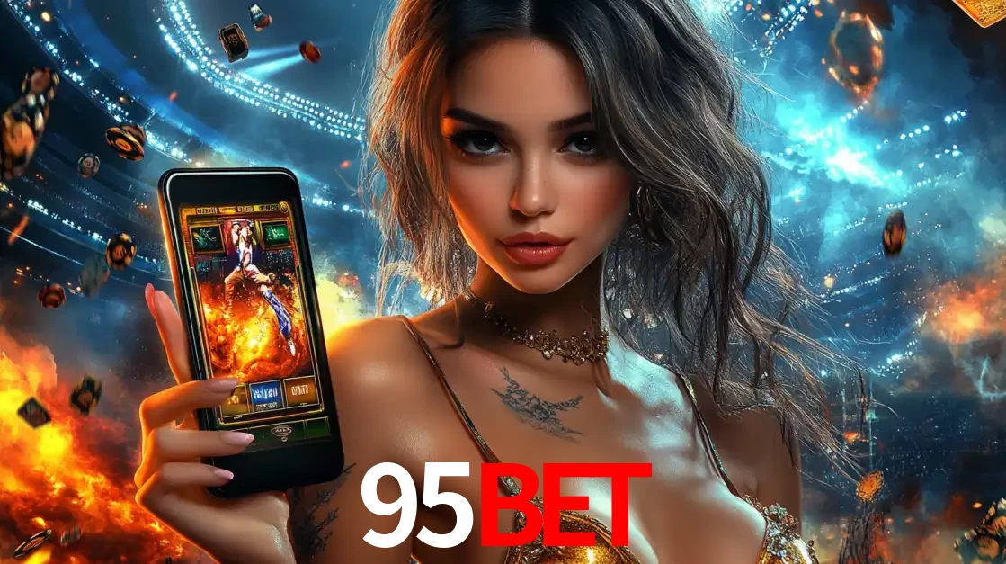 Mulher segurando um celular com um jogo de slot em destaque, tendo como fundo um estádio vibrante, simbolizando a emoção de jogar no cassino móvel 95BET.