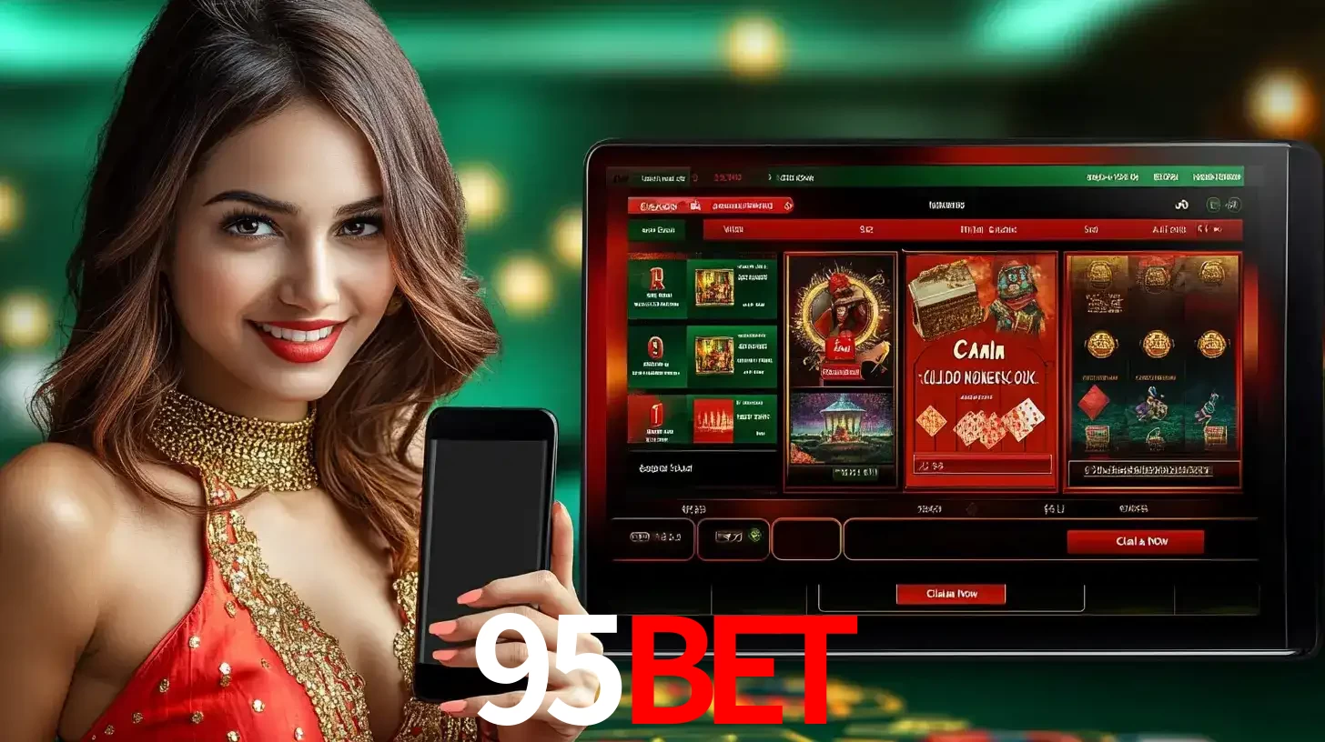 Mulher sorridente segurando um smartphone, ao lado de uma tela exibindo o lobby de jogos do cassino online 95BET, com várias opções de jogos de cartas e slots.